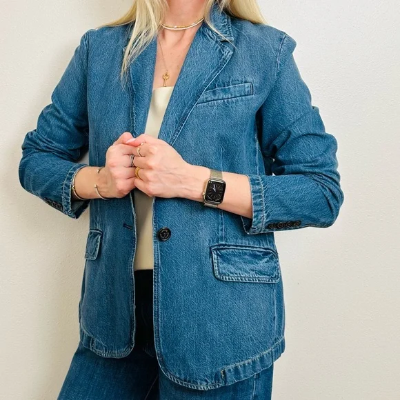 Ralph Lauren Casual Blue Cotton Denim One Button Notch Collar Blazer Jacket - Picture 6 of 16